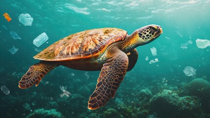 Obraz premium Animal pollution microplastics. A turtle swims gracefully in a vibrant underwater scene.