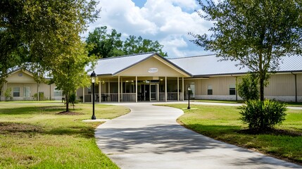 Senior care facility exterior with well-maintained garden and welcoming entrance. Emphasizing comfort and dignity in elderly living environments.