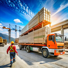 A cartoon-style construction material delivery scene, with trucks and equipment like cranes