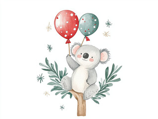 whimsical watercolor illustration of koala holding balloons, surrounded by leaves and stars, evokes playful and cheerful atmosphere