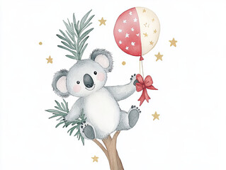 whimsical watercolor illustration of koala holding balloon, surrounded by stars and leaves, evokes sense of joy and playfulness. Perfect for children decor
