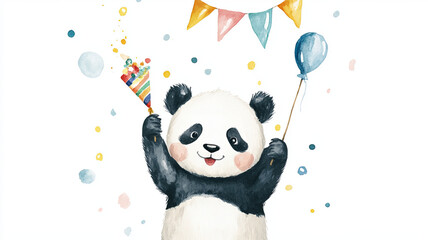 Whimsical watercolor illustration of cheerful panda holding party horn and balloon, surrounded by colorful confetti and festive decorations, perfect for celebrations