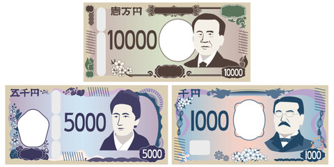 日本のお金　お札や紙幣のカラーイラスト