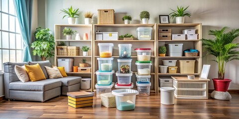 Organizing Home Space with Clean Plastic Storage Containers for a Cozy Atmosphere, Featuring Lidded Boxes for Easy Access and Neat Arrangement of Household Goods