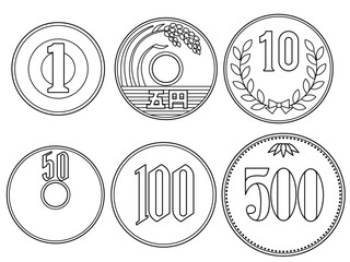 日本のお金　小銭のモノクロイラスト素材