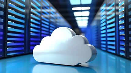 White cloud icon sits on a reflective floor in a server room, representing cloud computing and data storage.