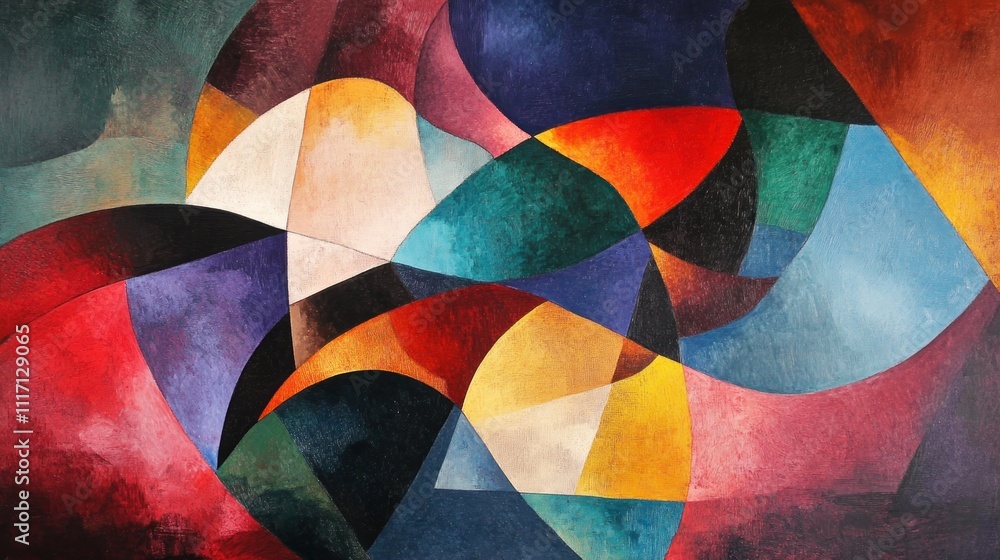 Poster an abstract work with contrasting colors and shapes that somehow come together to create a balanced 