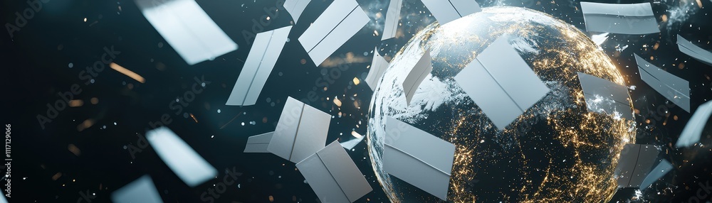Aufkleber a futuristic globe surrounded by floating papers, symbolizing global communication and information e