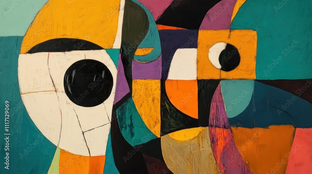 Poster an abstract work with contrasting colors and shapes that somehow come together to create a balanced 