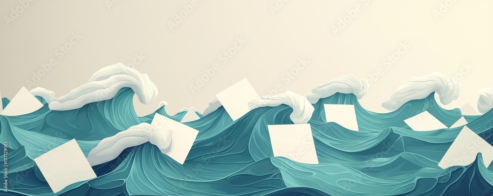 Poster a stylized depiction of turbulent ocean waves with floating white squares, creating a serene yet dyn