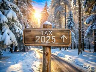 Planning for 2025: Tax New Year Symbol on Vintage Road Sign Amidst a Beautiful Winter Forest - Business Concept with Copy Space for Future Tax Preparation Ideas