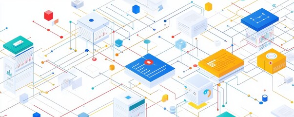 A vibrant, abstract digital illustration featuring interconnected geometric shapes and lines, symbolizing data flow and technology.