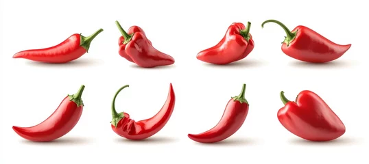 Eight red chili peppers in various positions on a white background.