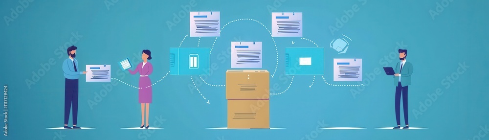 Poster a digital illustration showing two professionals exchanging documents, with a central server and dat