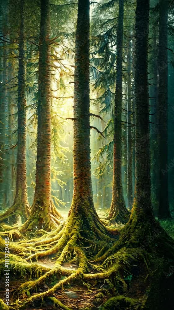 Poster sunlight filters through dense forest trees, illuminating moss-covered roots in a tranquil woodland 