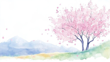 serene watercolor landscape featuring blooming cherry blossom tree, with delicate pink petals drifting in breeze against soft mountain backdrop