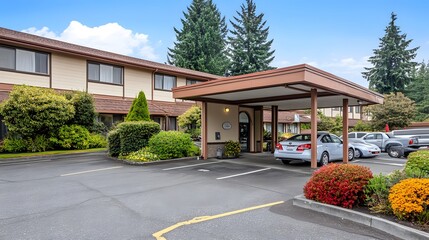 Senior care facility exterior with well-maintained garden and welcoming entrance. Emphasizing comfort and dignity in elderly living environments.