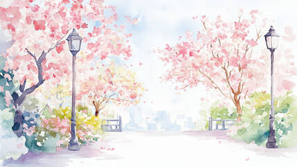 serene watercolor scene featuring blooming cherry blossom trees, street lamps, and soft, dreamy background. This picturesque landscape evokes sense of tranquility and beauty