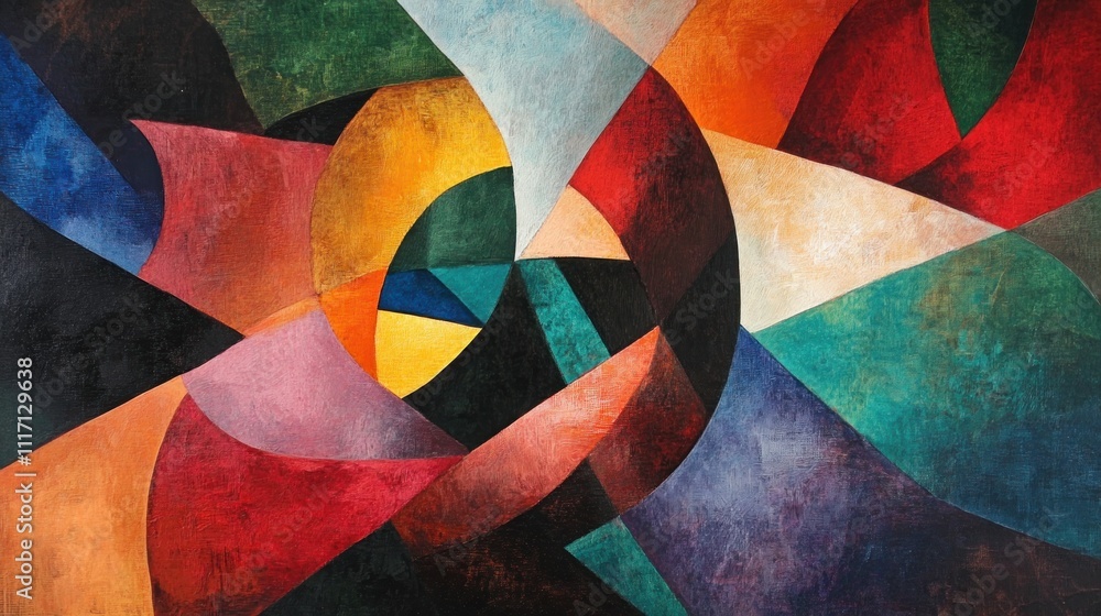 Poster an abstract work with contrasting colors and shapes that somehow come together to create a balanced 