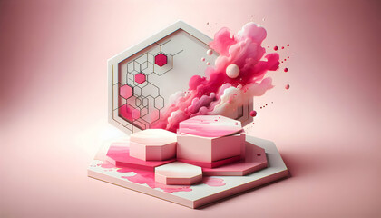Valentine A hexagonal stage with bold pink watercolor splashes and soft reflections, placed in the center of a2