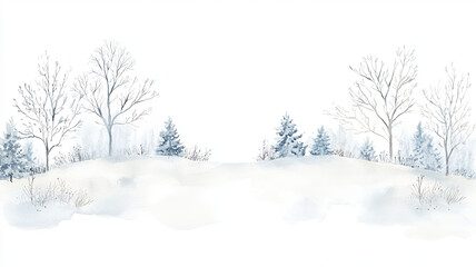serene winter landscape featuring snow covered hills and delicate trees. soft watercolor style captures tranquility of snowy day, evoking peaceful atmosphere