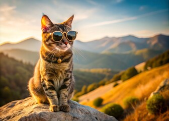 Obraz premium Relaxing Cat in Tortoiseshell Sunglasses on a Rock in a Serene Landscape, Embracing Minimalist Photography Aesthetic for a Calm and Peaceful Setting