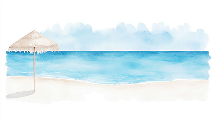 Fototapeta premium serene beach scene featuring straw umbrella, soft white sand, and tranquil blue ocean under clear sky. Perfect for evoking relaxation and summer vibes