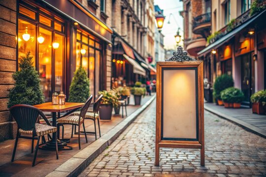 Retro Style Rectangular Signboard Mockup in the City Featuring Space for Logo and Cafe Name, Ideal for Branding and Marketing Visuals in Urban Environments