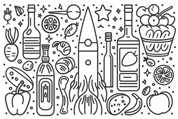 Obraz premium Line art illustration of various food and drink items, including vegetables, fruits, and bottles.