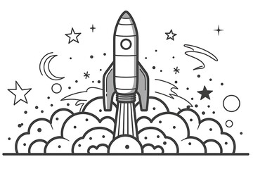 Obraz premium A grayscale line drawing of a rocket launching into space, surrounded by stars and clouds.