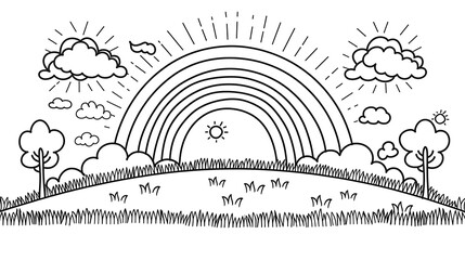 Simple line drawing of a rainbow over a grassy hill with trees and clouds.