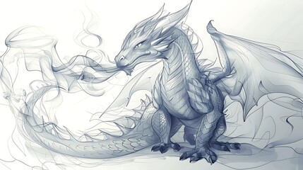 A young, light-grey dragon breathes smoke, its scales and wings detailed in a pencil sketch style against a white background.