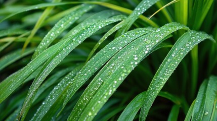 Close-up of dew-covered grass blades glowing in the morning light