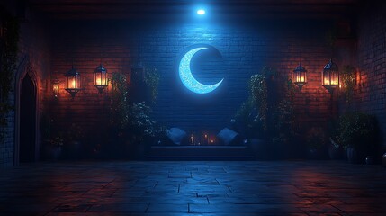 Obraz premium Mystical moonlit courtyard with lanterns, plants, and cushions.