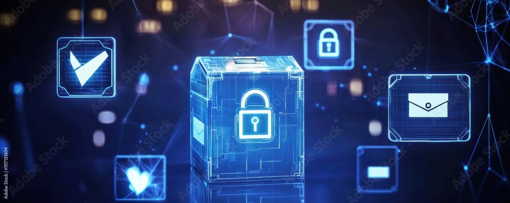 Poster a digital representation of security features, showcasing a locked box with various security icons, 