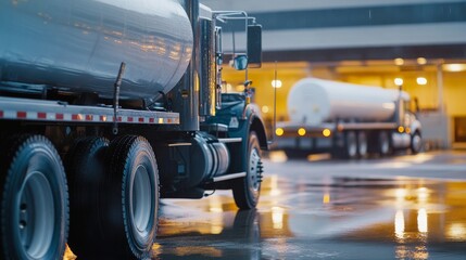 Fototapeta na wymiar A close-up of fuel trucks in a rainy environment, showcasing their shiny surfaces and wheels, ready for transport at a distribution facility.