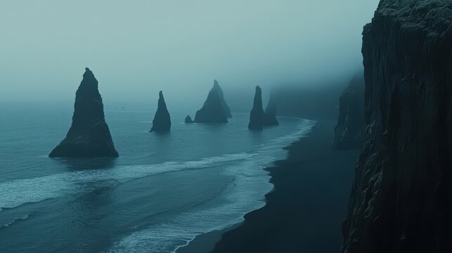 Dramatic dark cliffs and basalt columns meet a misty, black sand beach.