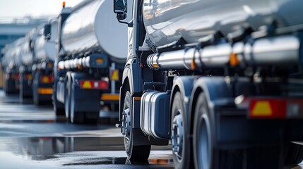 A line of fuel tankers parked on a reflective surface, showcasing their sleek design and metallic finish under natural light.