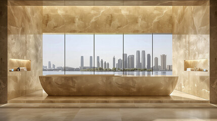 Luxurious Marble Bathroom with Panoramic Cityscape View..