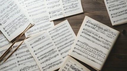 Classical music sheet notes elegantly displayed on a wooden stand, embodying the timeless beauty and intricate artistry of orchestral compositions.