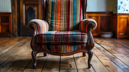 Comfortable striped armchair on a wooden floor