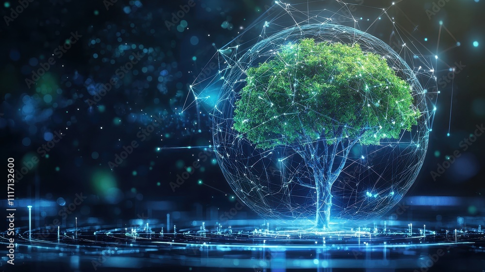 Poster a digital representation of a glowing tree surrounded by a network of particles, symbolizing technol
