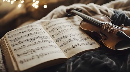 Fototapeta premium Classical music sheet notes elegantly displayed on a wooden stand, embodying the timeless beauty and intricate artistry of orchestral compositions.