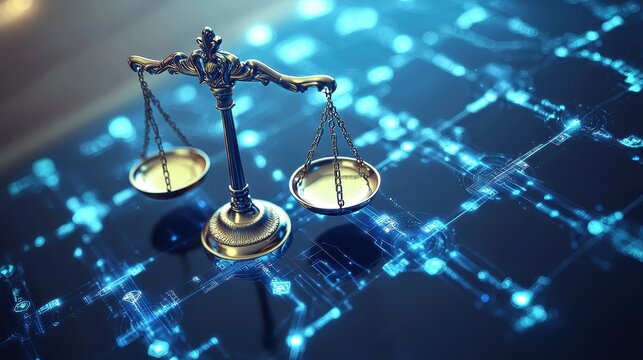 A digital representation of justice featuring a balanced scale, symbolizing fairness and equality in a modern, technology-driven context.