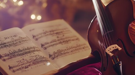 Naklejka premium Classical music sheet notes elegantly displayed on a wooden stand, embodying the timeless beauty and intricate artistry of orchestral compositions.