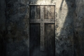 A beautifully crafted cross-shaped door is framed by the dark corners of a room, emphasizing its elegant design. The door features a blend of smooth and rough textures