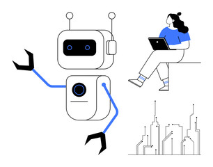 Robot with mechanical arms and antennas, woman sitting with laptop, city skyline outline. Ideal for technology, artificial intelligence, robotics, urban development, digital communication, smart