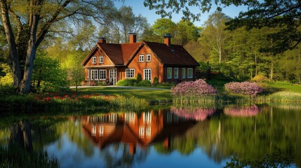 Fototapeta premium A serene lakeside view of a charming house surrounded by lush greenery and blooming flowers.