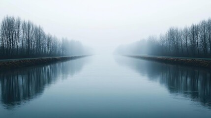 Tranquil river scene surrounded by fog and barren trees.