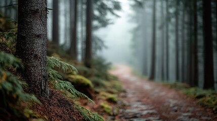 Naklejka premium Misty forest path surrounded by lush greenery and tall trees.
